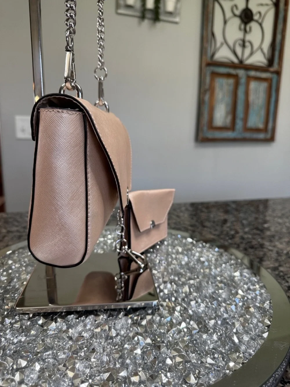 Nine West Rose Blush metallic Crossbody Bag with Matching Card Case NEW